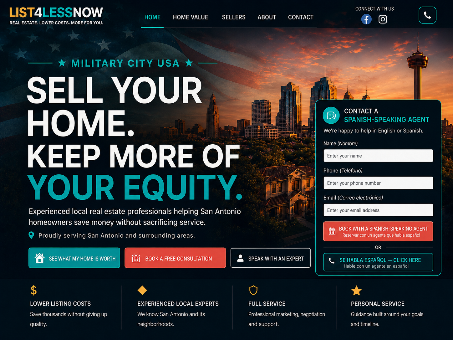 List4LessNow San Antonio real estate homepage featuring Military City USA, bilingual service and home equity savings